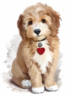fluffy gold and white pup with heart tag